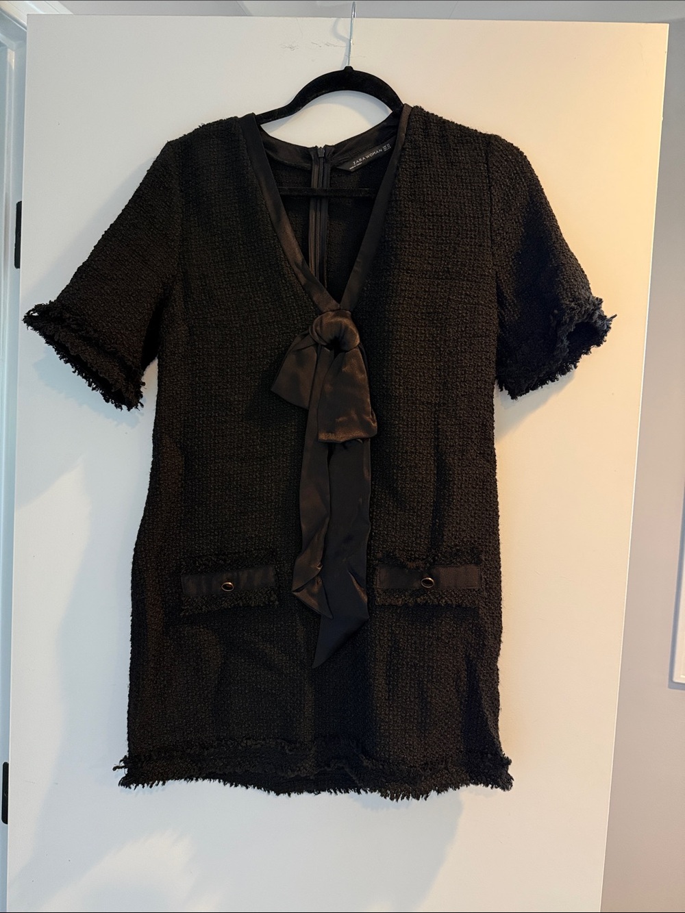 Zara Women's Chanel-inspired Black Textured Tweed Tie-Neck Super-Mini Dress
